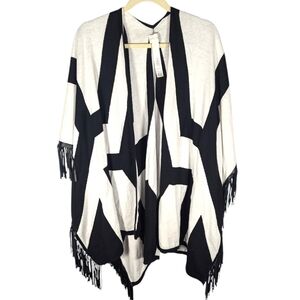 Chicos black and white fringe tassel western boho poncho cover one size womans